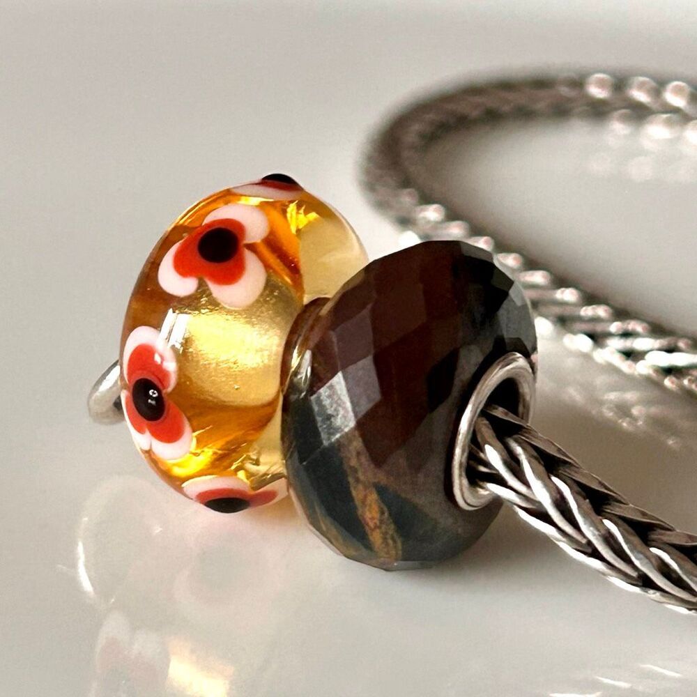 TROLLBEADS Golden Glass w Coral Black Flowers & SzilvaBeads Brown Jasper Facet
